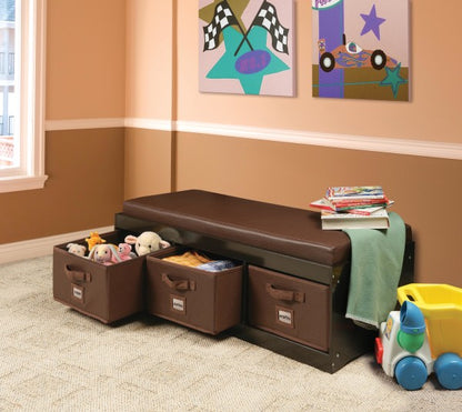 Kid's Storage Bench with Cushion and Three Bins - Espresso