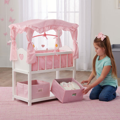 Canopy Doll Crib with Baskets, Bedding, and Mobile - White/Pink