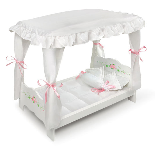 Canopy Doll Bed with Bedding - White Rose