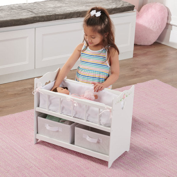 Doll Crib with Bedding, Two Baskets, and Free Personalization Kit - White Rose