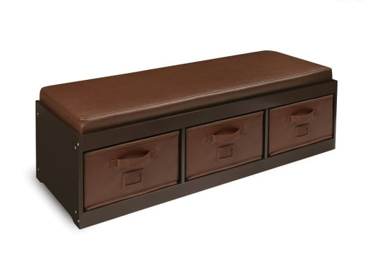 Kid's Storage Bench with Cushion and Three Bins - Espresso