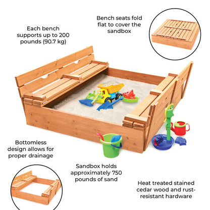 Covered Convertible Cedar Sandbox with Two Bench Seats - Natural