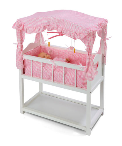 Canopy Doll Crib with Baskets, Bedding, and Mobile - White/Pink