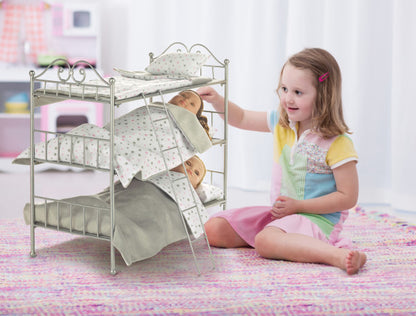 Scrollwork Metal Triple Doll Bunk Bed with Ladder and Bedding - Silver/Pink/Stars