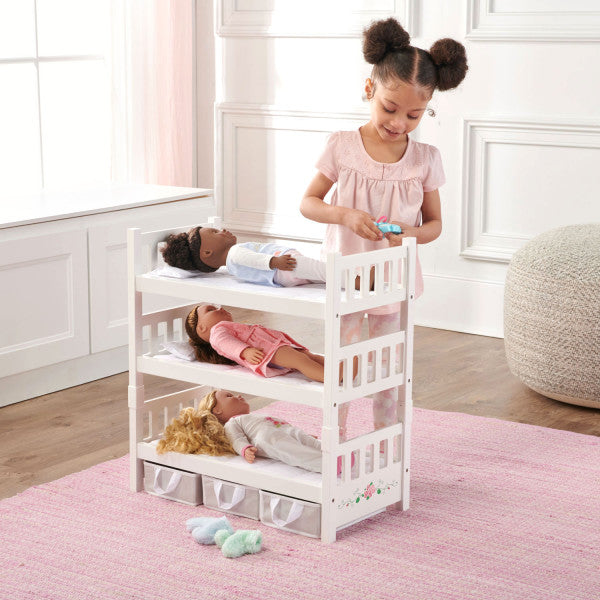 1-2-3 Convertible Doll Bunk Bed with Bedding, Baskets and Free Personalization Kit - White Rose