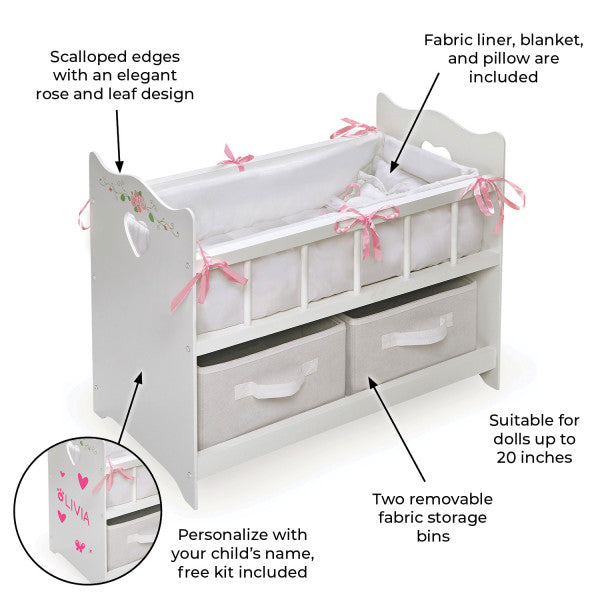 Doll Crib with Bedding, Two Baskets, and Free Personalization Kit - White Rose