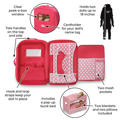 Double Doll Travel Case with Bunk Bed and Bedding - Pink