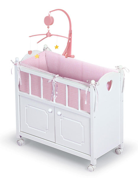 Cabinet Doll Crib with Gingham Bedding and Free Personalization Kit - White/Pink