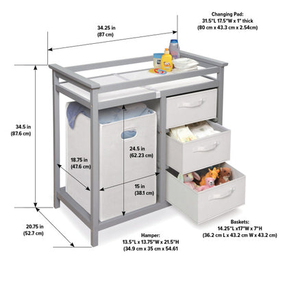 Modern Baby Changing Table with Hamper and 3 Baskets - Gray