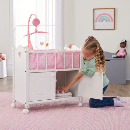 Cabinet Doll Crib with Gingham Bedding and Free Personalization Kit - White/Pink