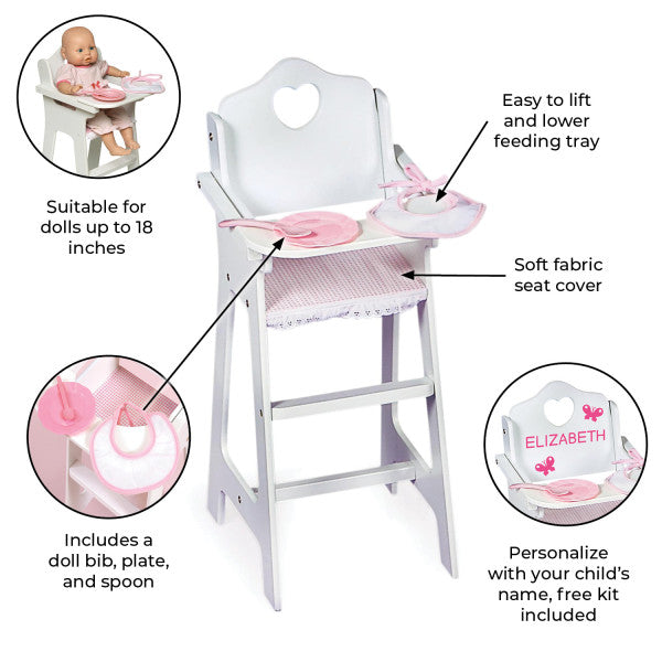 Doll High Chair with Accessories and Free Personalization Kit - White/Pink/Gingham