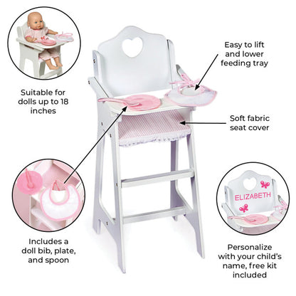 Doll High Chair with Accessories and Free Personalization Kit - White/Pink/Gingham