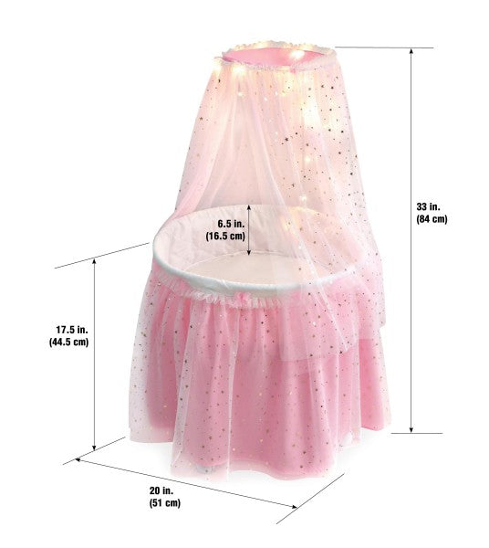 Sweet Dreams Round Doll Bassinet with Canopy and LED Lights - Pink/White/Stars