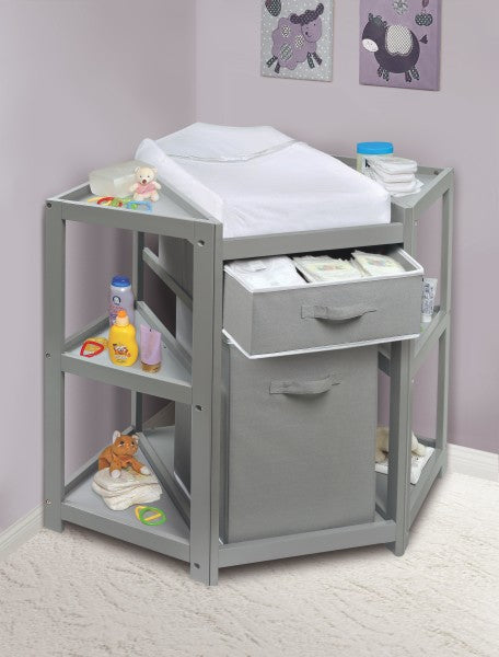 Diaper Corner Baby Changing Table with Hamper and Basket - Gray