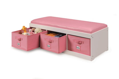 Kid's Storage Bench with Cushion and Three Bins - White with Pink