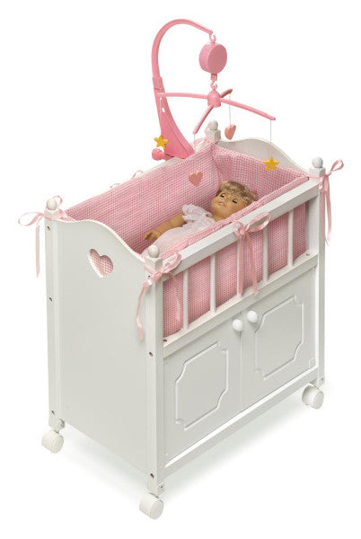 Cabinet Doll Crib with Gingham Bedding and Free Personalization Kit - White/Pink