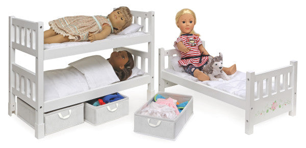 1-2-3 Convertible Doll Bunk Bed with Bedding, Baskets and Free Personalization Kit - White Rose