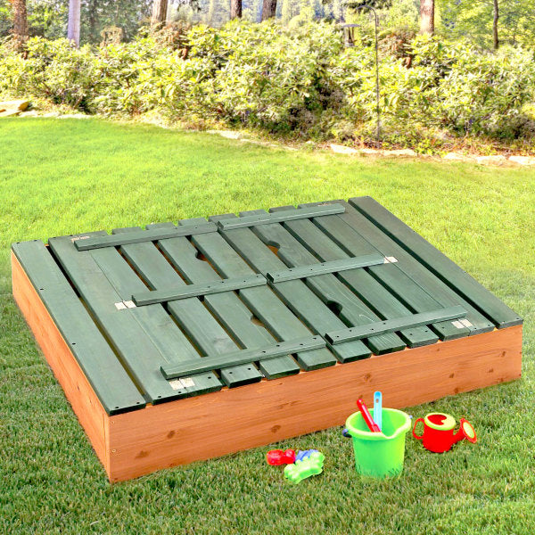 Covered Convertible Cedar Sandbox with Two Bench Seats - Natural/Green