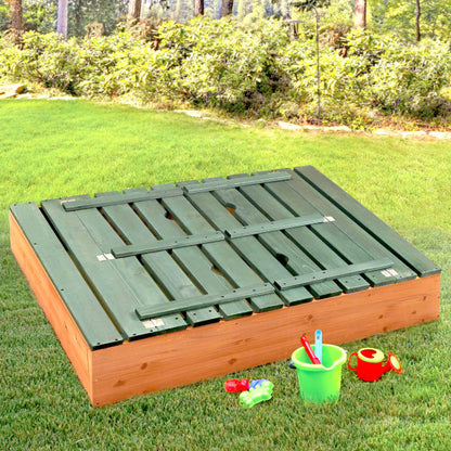 Covered Convertible Cedar Sandbox with Two Bench Seats - Natural/Green