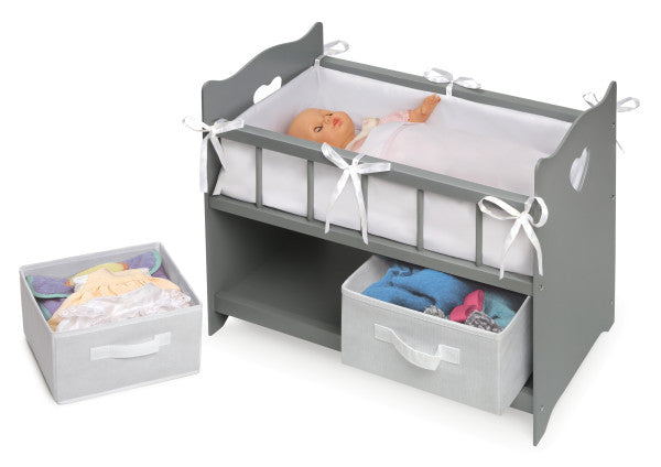 Doll Crib with Two Baskets and Free Personalization Kit - Executive Gray