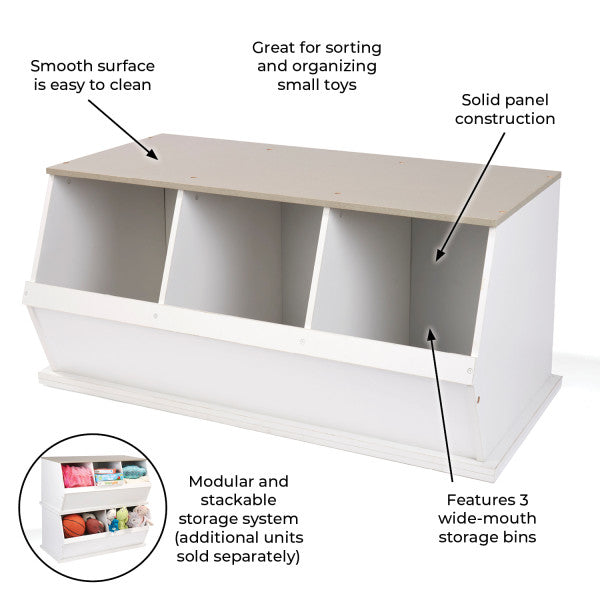 Three Bin Stackable Storage Cubby - White/Gray Woodgrain