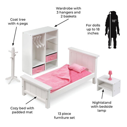 Bedroom Furniture Set for 18 inch Dolls - White/Pink