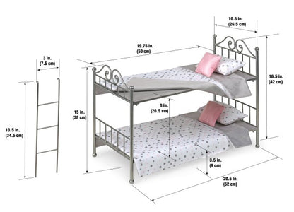 Scrollwork Metal Doll Bunk Bed with Ladder and Bedding - Silver/Pink/Stars