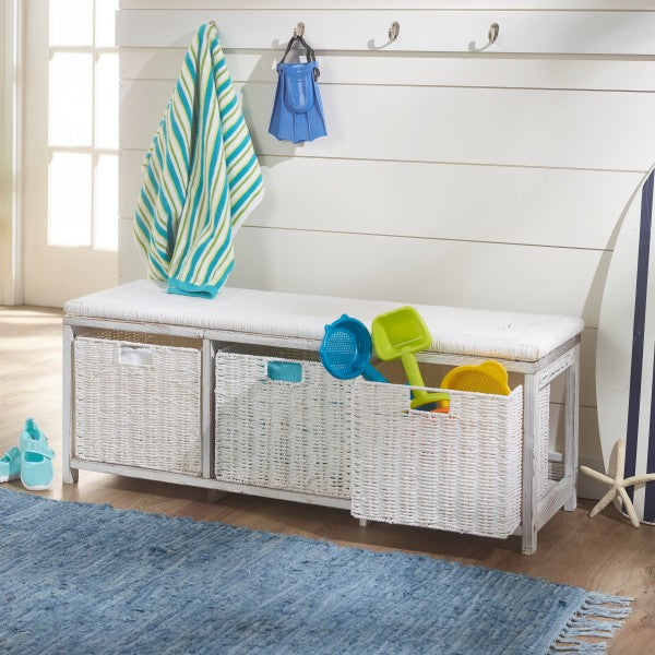 Kid's Storage Bench with Woven Top and Baskets - White