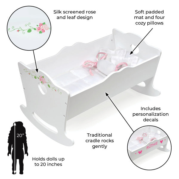 Doll Cradle with Bedding and Free Personalization Kit - White Rose