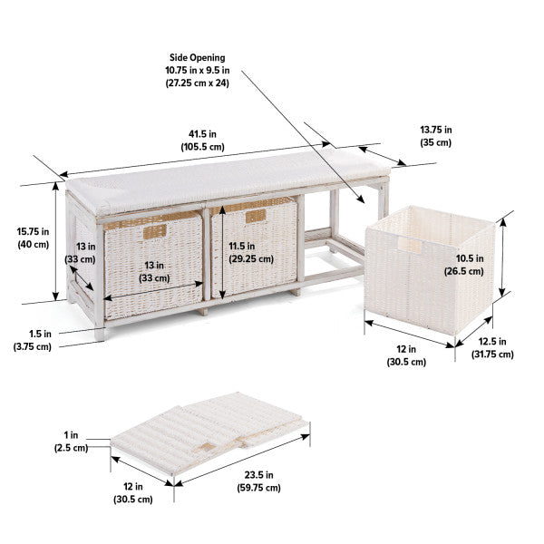 Kid's Storage Bench with Woven Top and Baskets - White