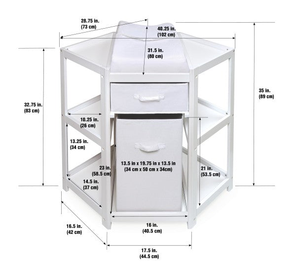 Diaper Corner Baby Changing Table with Hamper and Basket - White