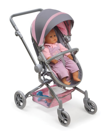 Daydream Multi-Function Single Doll Pram & Stroller - Gray/Pink