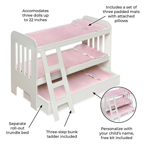 Trundle Doll Bunk Bed with Ladder and Free Personalization Kit - White/Pink