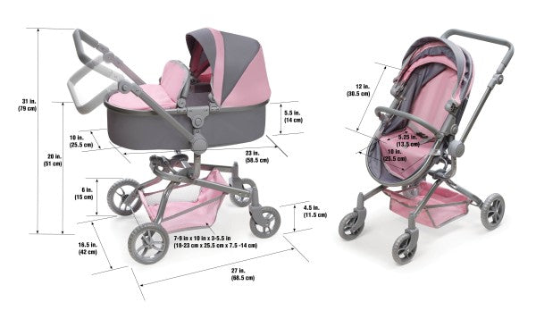 Daydream Multi-Function Single Doll Pram & Stroller - Gray/Pink