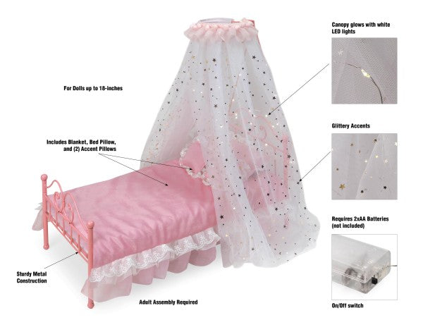Starlights LED Canopy Metal Doll Bed with Bedding - Pink