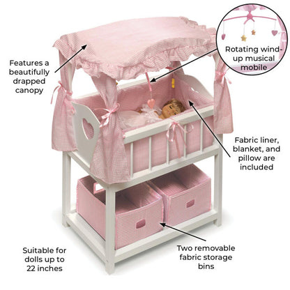 Canopy Doll Crib with Baskets, Bedding, and Mobile - White/Pink