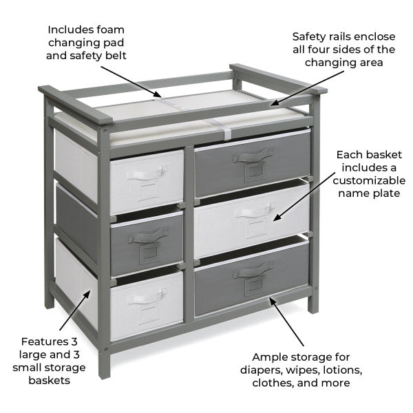 Modern Baby Changing Table with Six Baskets - Gray