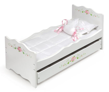 Doll Bed with Trundle and Bedding - White Rose