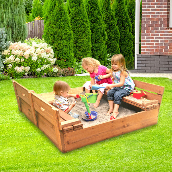 Covered Convertible Cedar Sandbox with Two Bench Seats - Natural