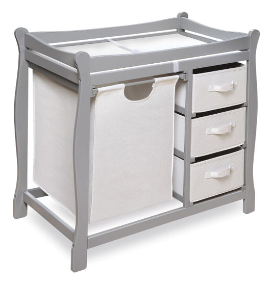Sleigh Style Baby Changing Table with Hamper and 3 Baskets - Gray