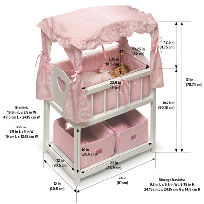 Canopy Doll Crib with Baskets, Bedding, and Mobile - White/Pink