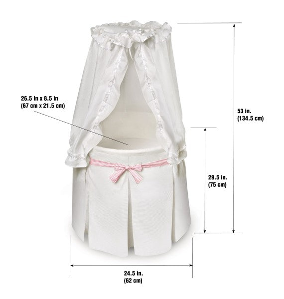 Empress Round Baby Bassinet with Canopy - White Bedding with Gingham Belts