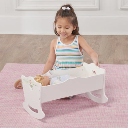 Doll Cradle with Bedding and Free Personalization Kit - White Rose