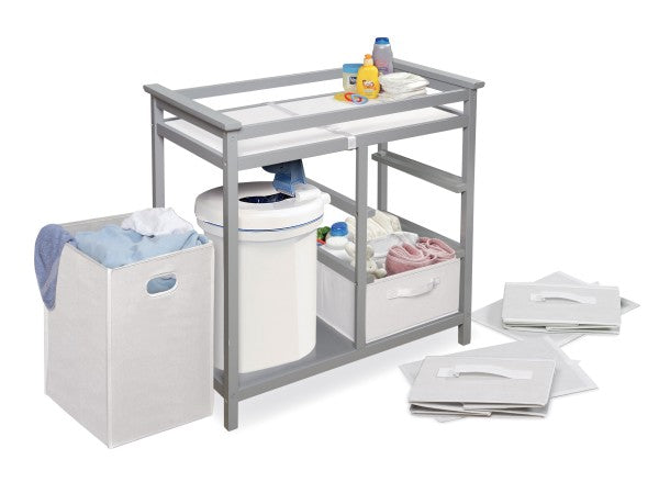 Modern Baby Changing Table with Hamper and 3 Baskets - Gray