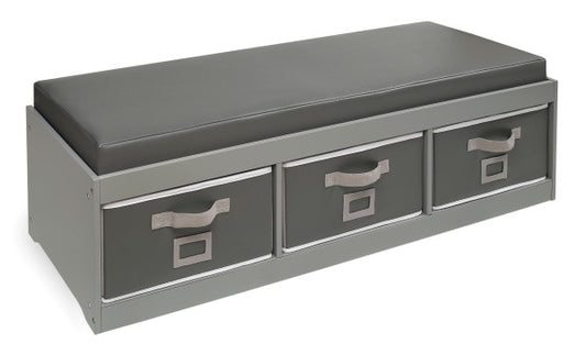 Kid's Storage Bench with Cushion and Three Bins - Gray