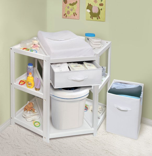 Diaper Corner Baby Changing Table with Hamper and Basket - White