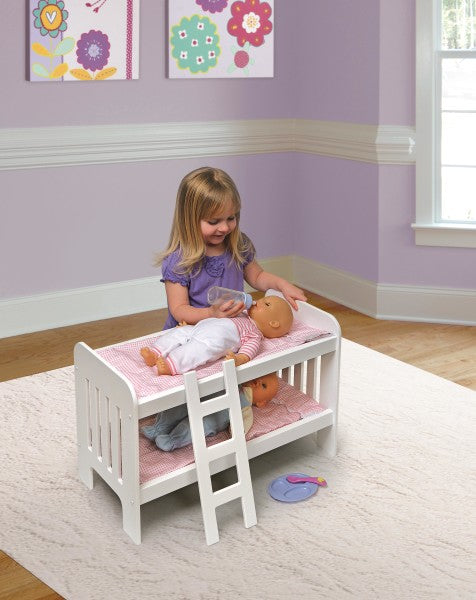 Doll Bunk Bed with Bedding, Ladder, and Free Personalization Kit - White/Pink/Gingham