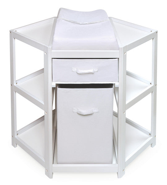 Diaper Corner Baby Changing Table with Hamper and Basket - White