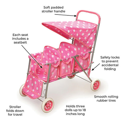 Folding Triple Doll Stroller - Pink/Polka Dots