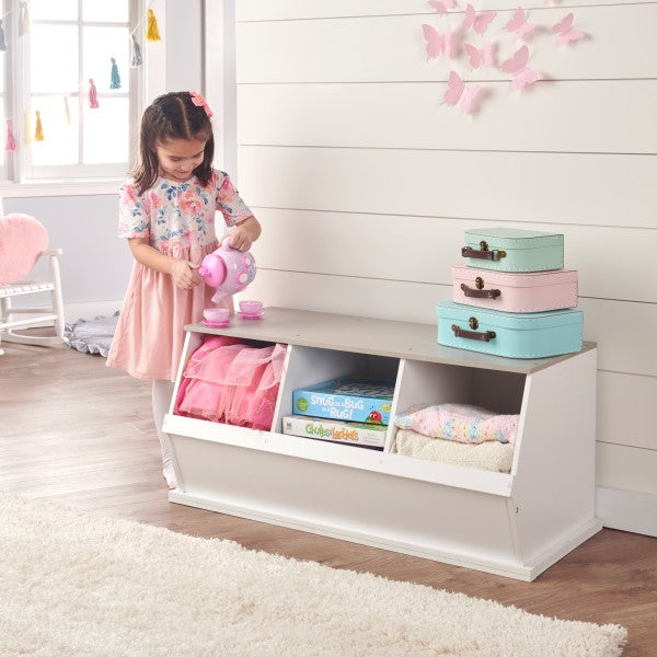 Three Bin Stackable Storage Cubby - White/Gray Woodgrain